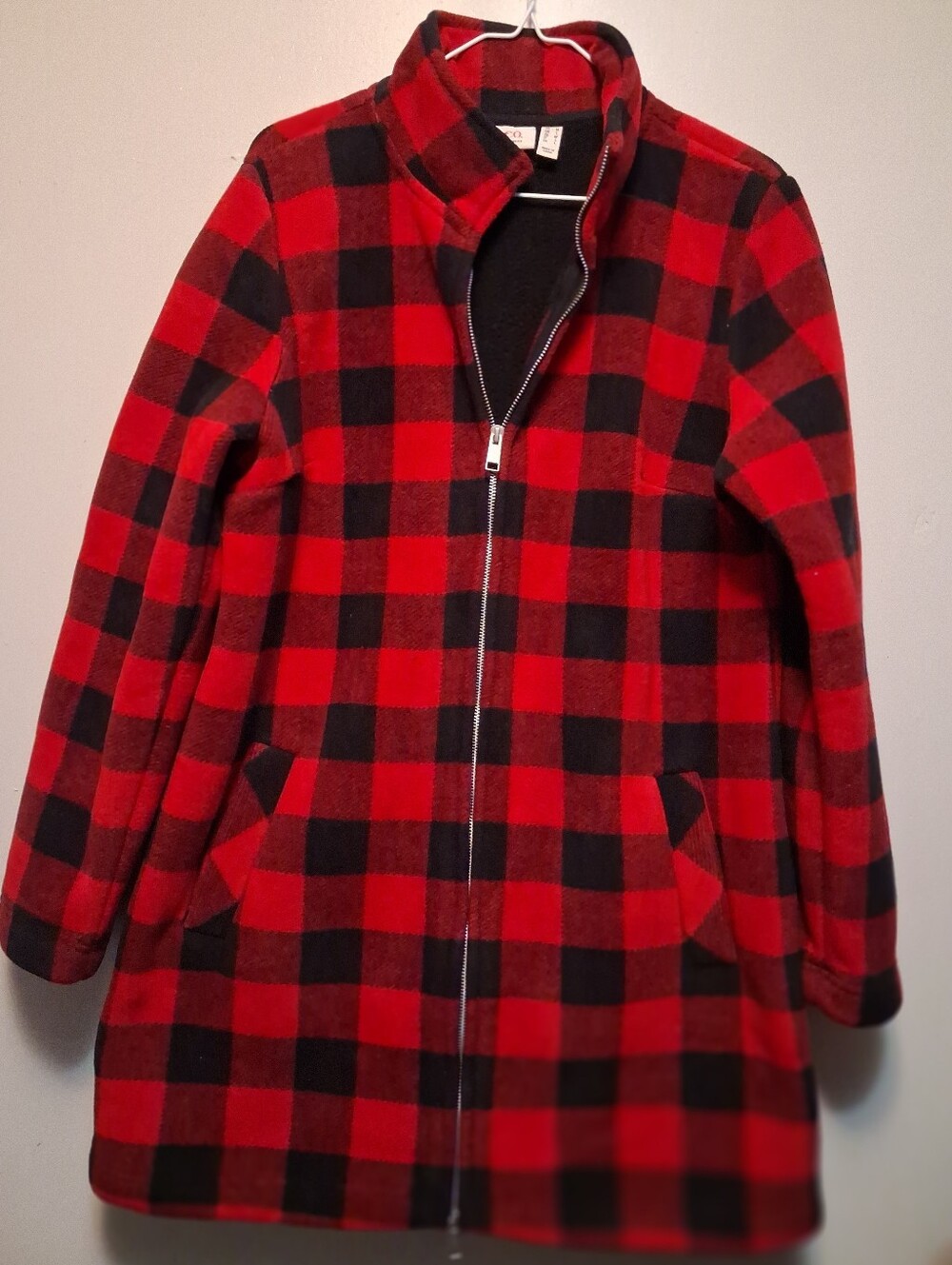 Women's Red and Black Plaid Zip-Front Pea Coat